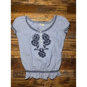 Hollister Women's L Blue White Stripe Embroidered Rose Smocked Top Short Sleeve
